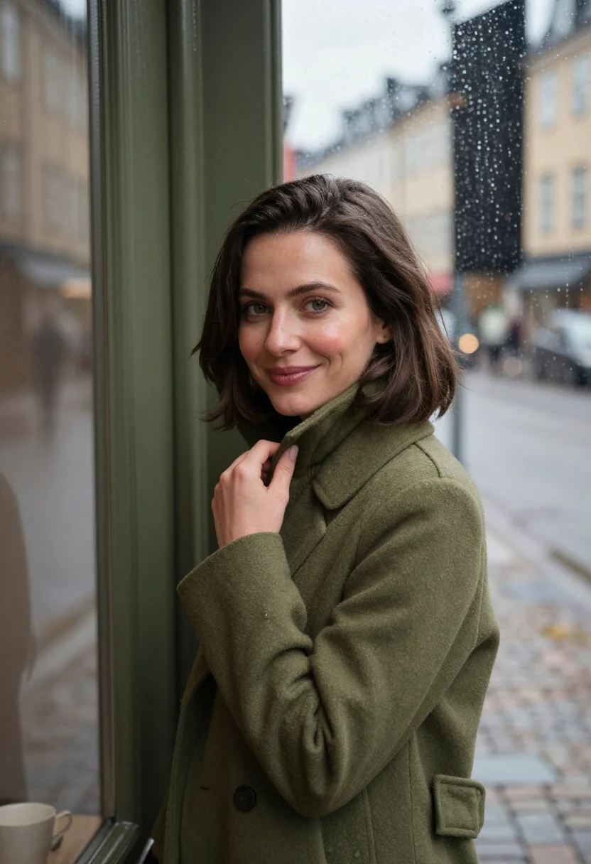AI rainy cafe window olive sample — portrait of a woman, chest-up portrait of a woman in her mid