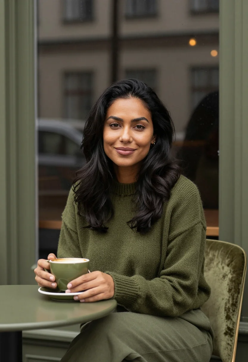 AI rainy cafe window olive sample — portrait of a woman, chest-up portrait of a woman in her ear