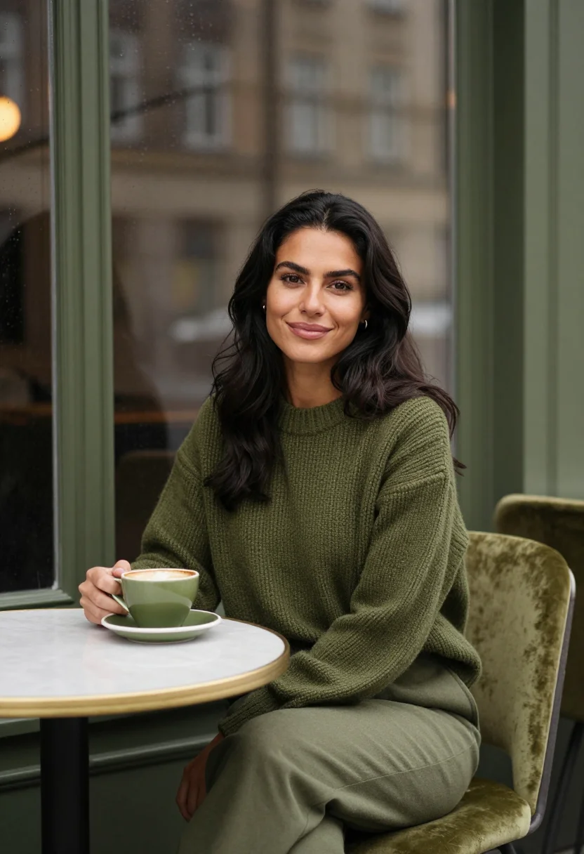 AI rainy cafe window olive sample — portrait of a woman, half-length portrait of a woman in her