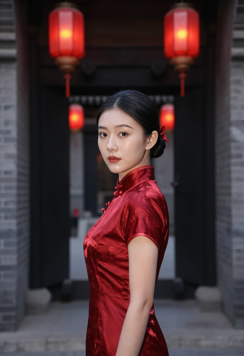 AI raise the red lantern shanxi courtyard red sample — portrait of a woman, a woman in her early twenties of Han Ch