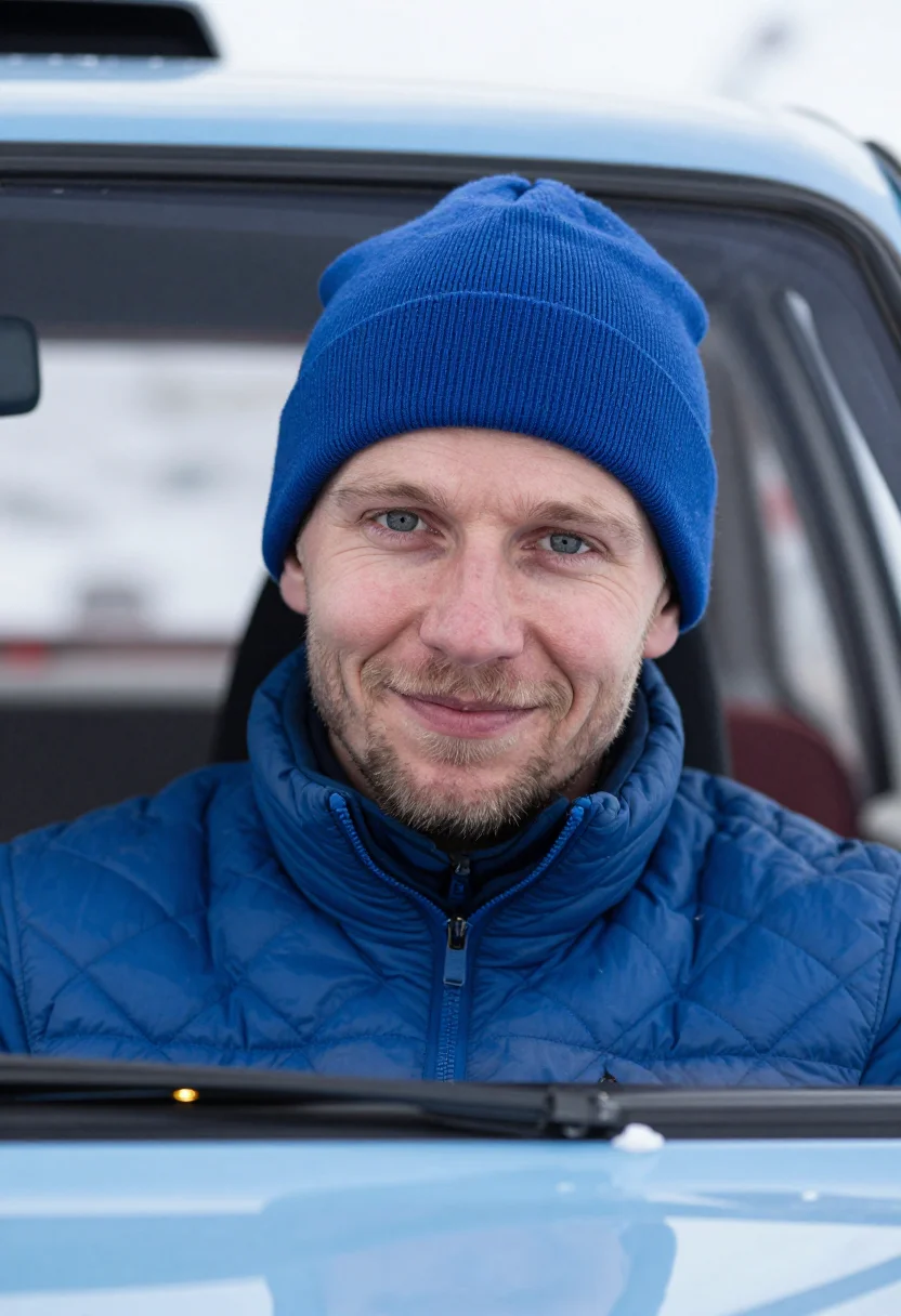 AI rally turini blue sample — portrait of a man, framed head and shoulders, the body close