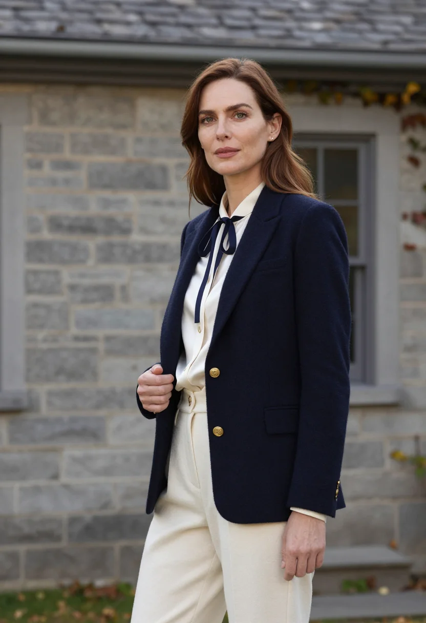 AI ralph lauren bedford mansion polo navy cream sample — portrait of a woman, an American woman in her early forties