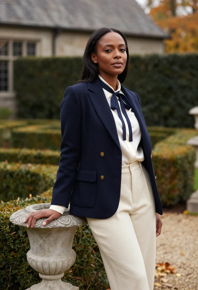 AI ralph lauren bedford mansion polo navy cream sample — portrait of a woman, a Black American woman in her early for
