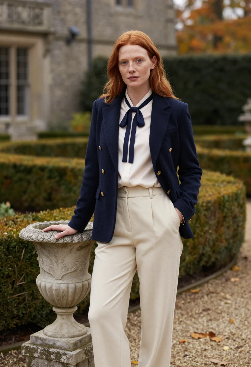 AI ralph lauren bedford mansion polo navy cream sample — portrait of a woman, an American woman of Irish descent in h