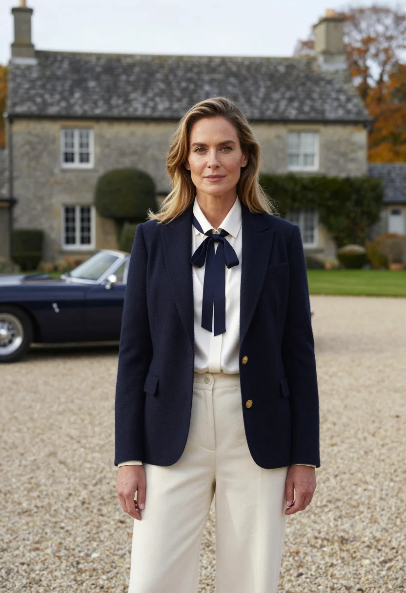 AI ralph lauren bedford mansion polo navy cream sample — portrait of a woman, an American woman in her late forties w
