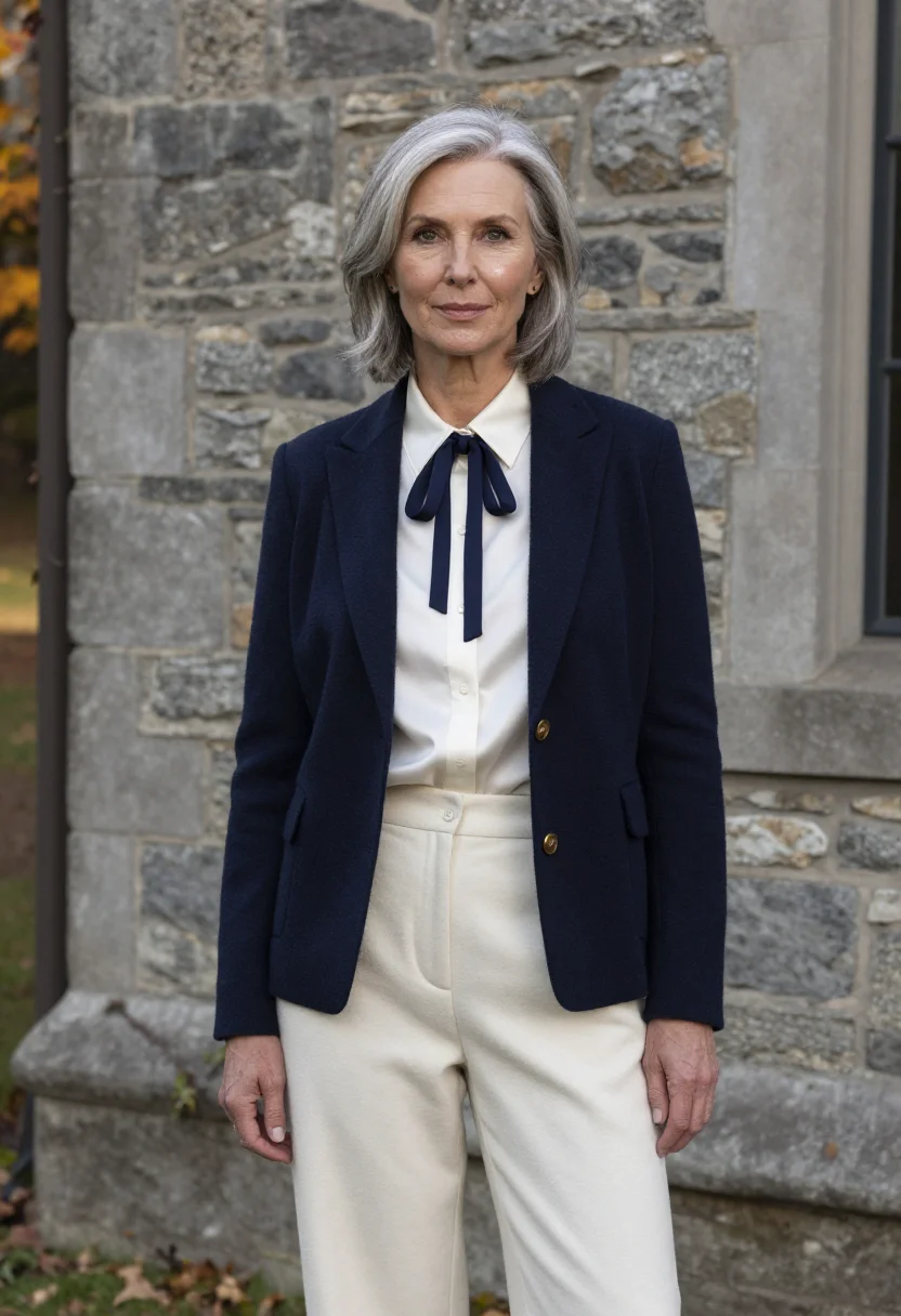 AI ralph lauren bedford mansion polo navy cream sample — portrait of a woman, an American woman in her mid-fifties wi