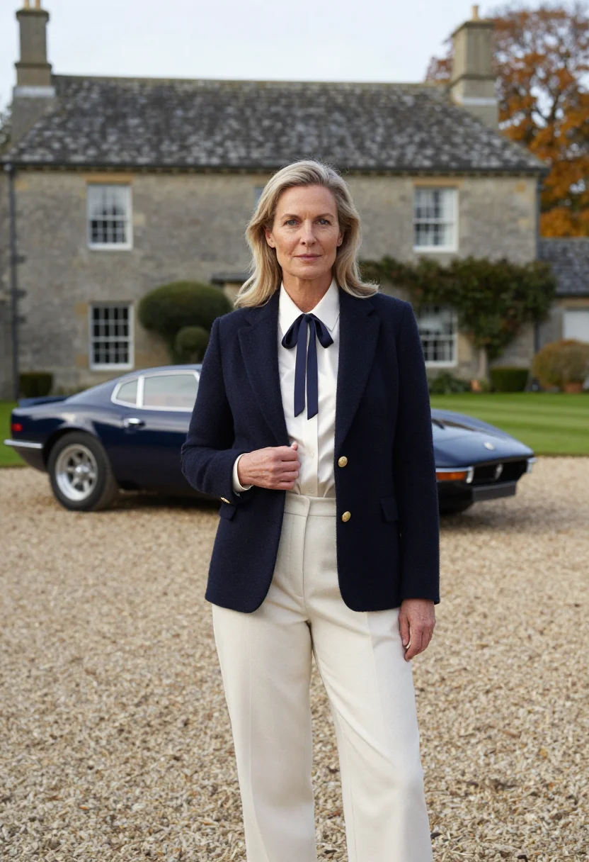 AI ralph lauren bedford mansion polo navy cream sample — portrait of a woman, an English woman in her mid-forties wit