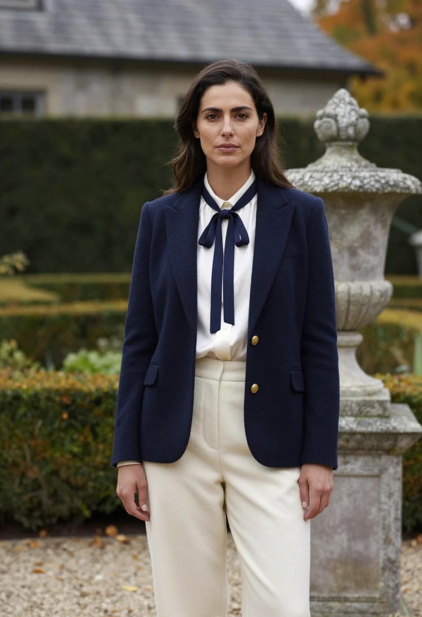AI ralph lauren bedford mansion polo navy cream sample — portrait of a woman, an American woman of Italian descent in