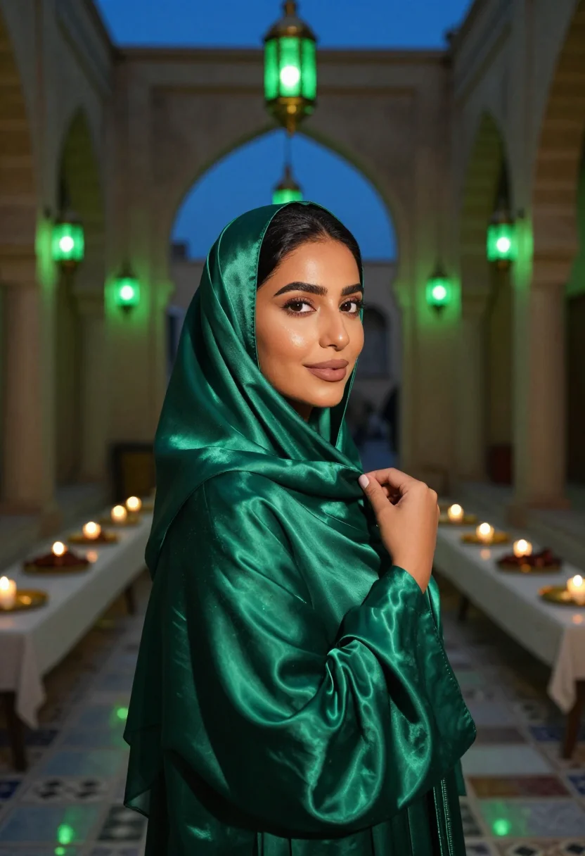 AI ramadan lantern emerald sample — portrait of a woman, framed chest-up, cropped at the ribs, t