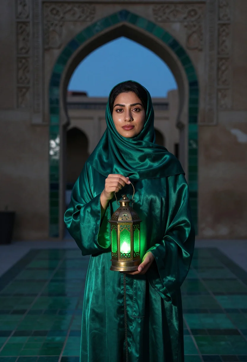 AI ramadan lantern emerald sample — portrait of a woman, framed three-quarter length from the he