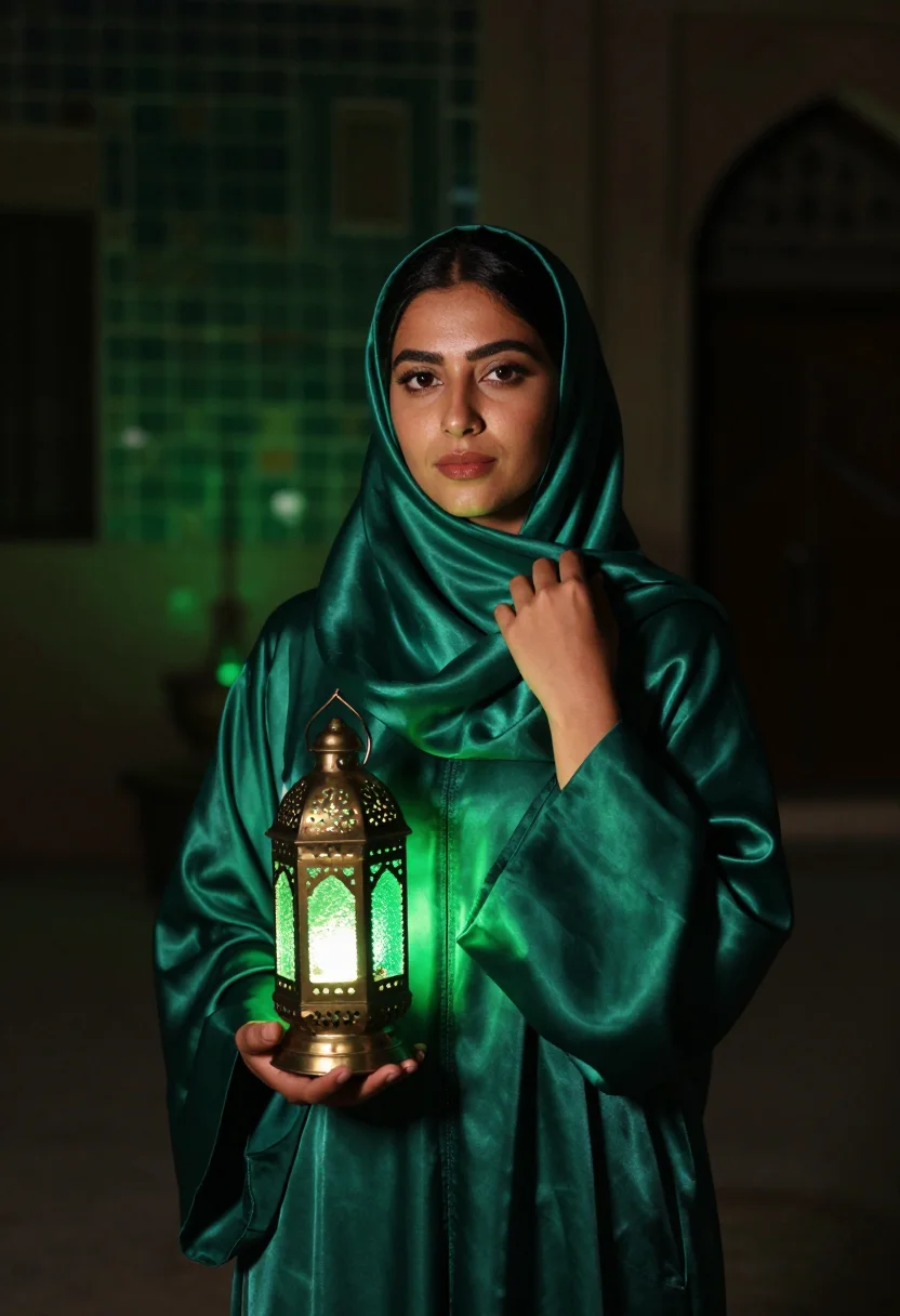 AI ramadan lantern emerald sample — portrait of a woman, framed half-length from the head to the