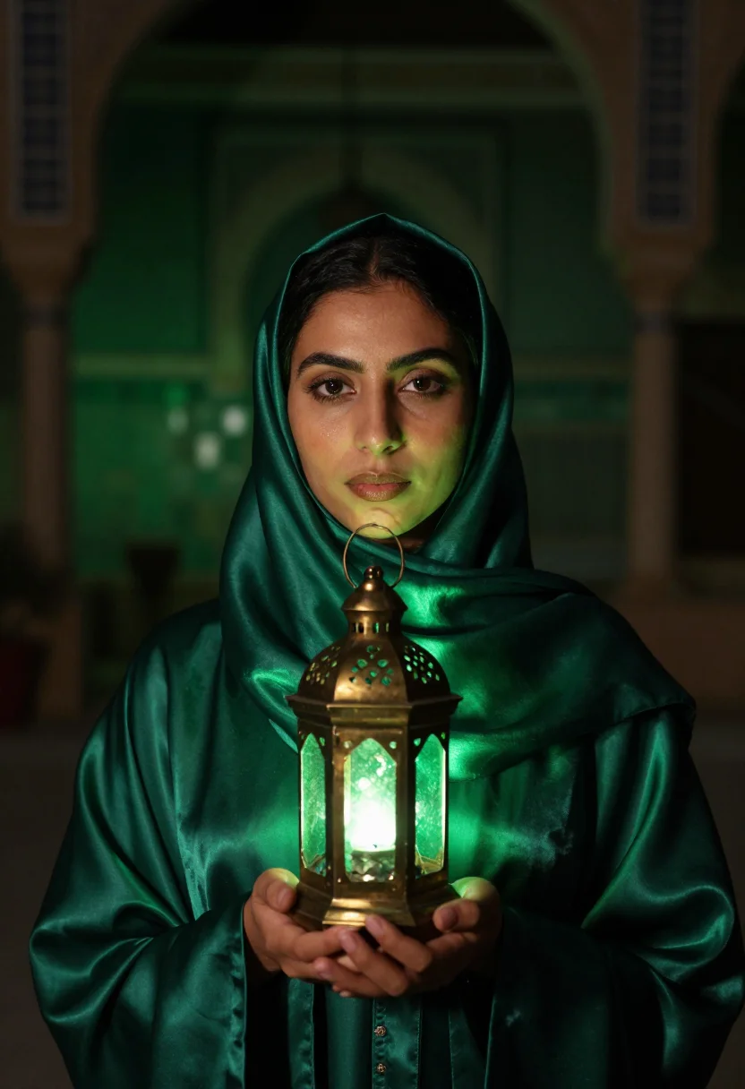 AI ramadan lantern emerald sample — portrait of a woman, framed tight, head and shoulders, the b