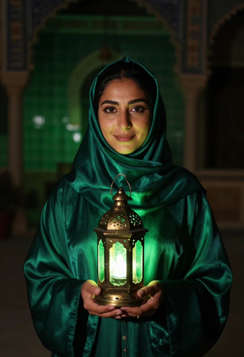 AI ramadan lantern emerald sample — portrait of a woman, framed chest-up, cropped at the ribs, t