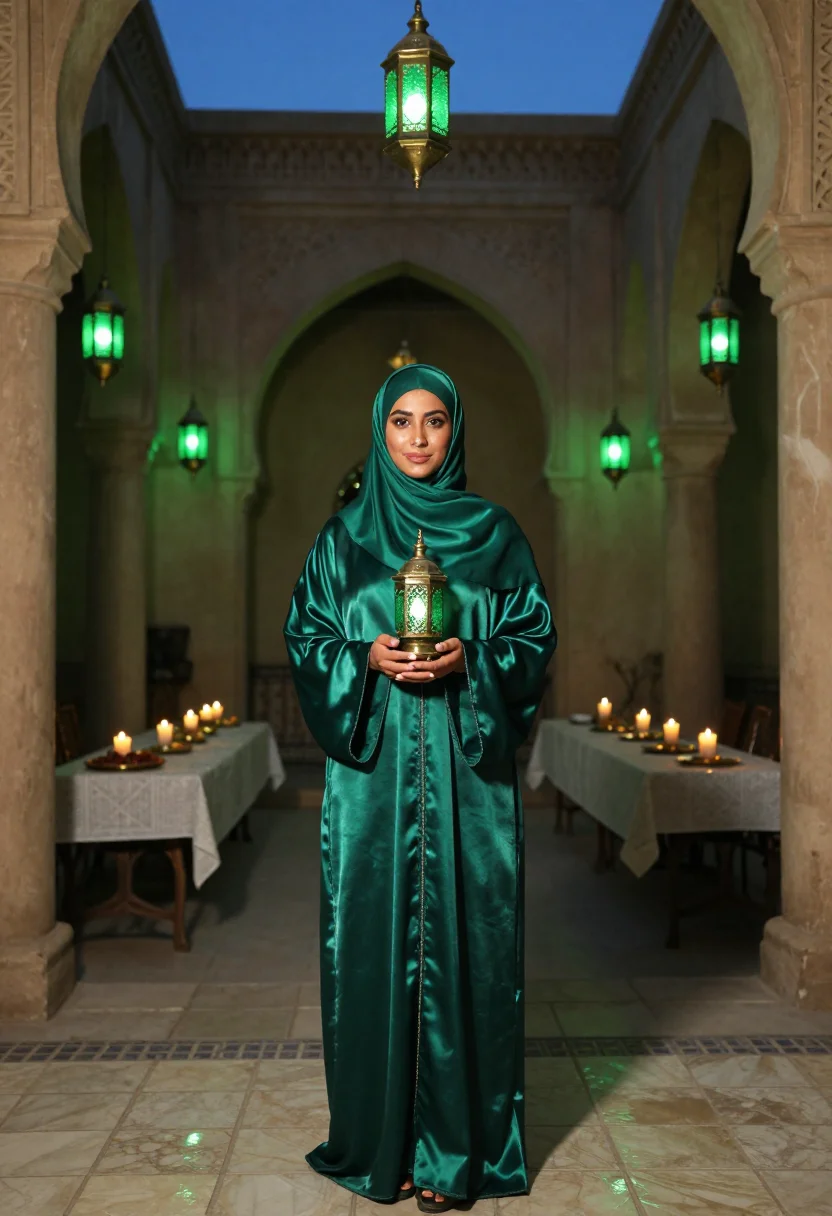 AI ramadan lantern emerald sample — portrait of a woman, framed full-length and wide from the co