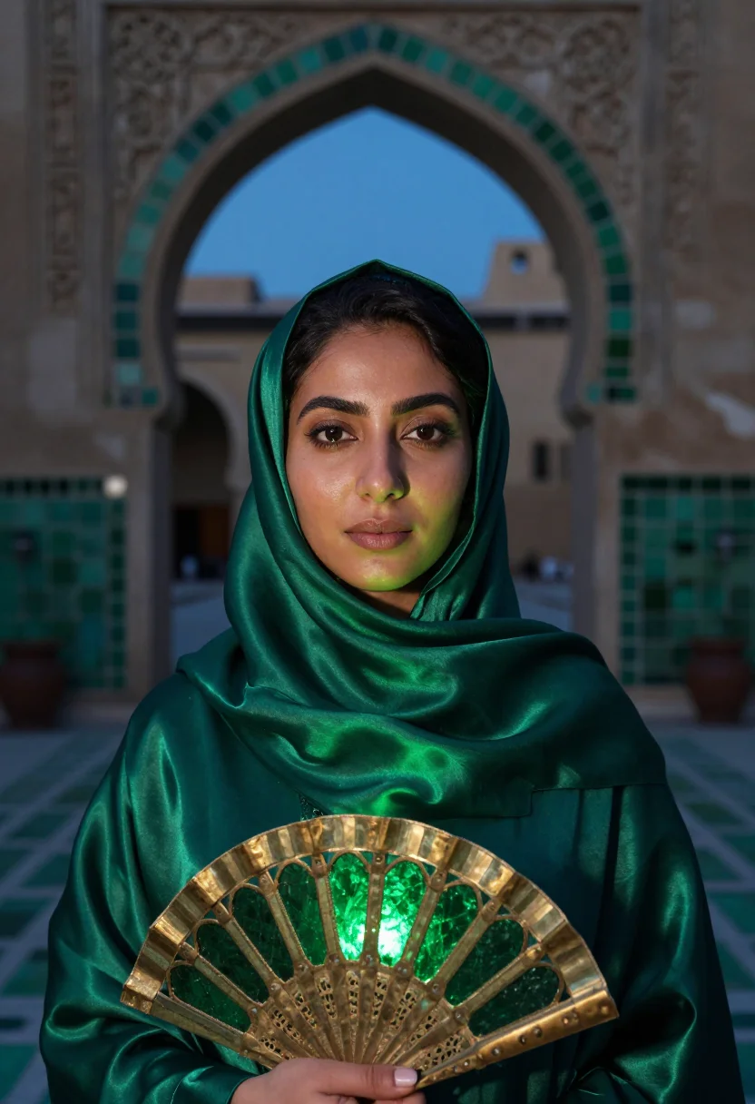 AI ramadan lantern emerald sample — portrait of a woman, framed tight, head and shoulders, the b