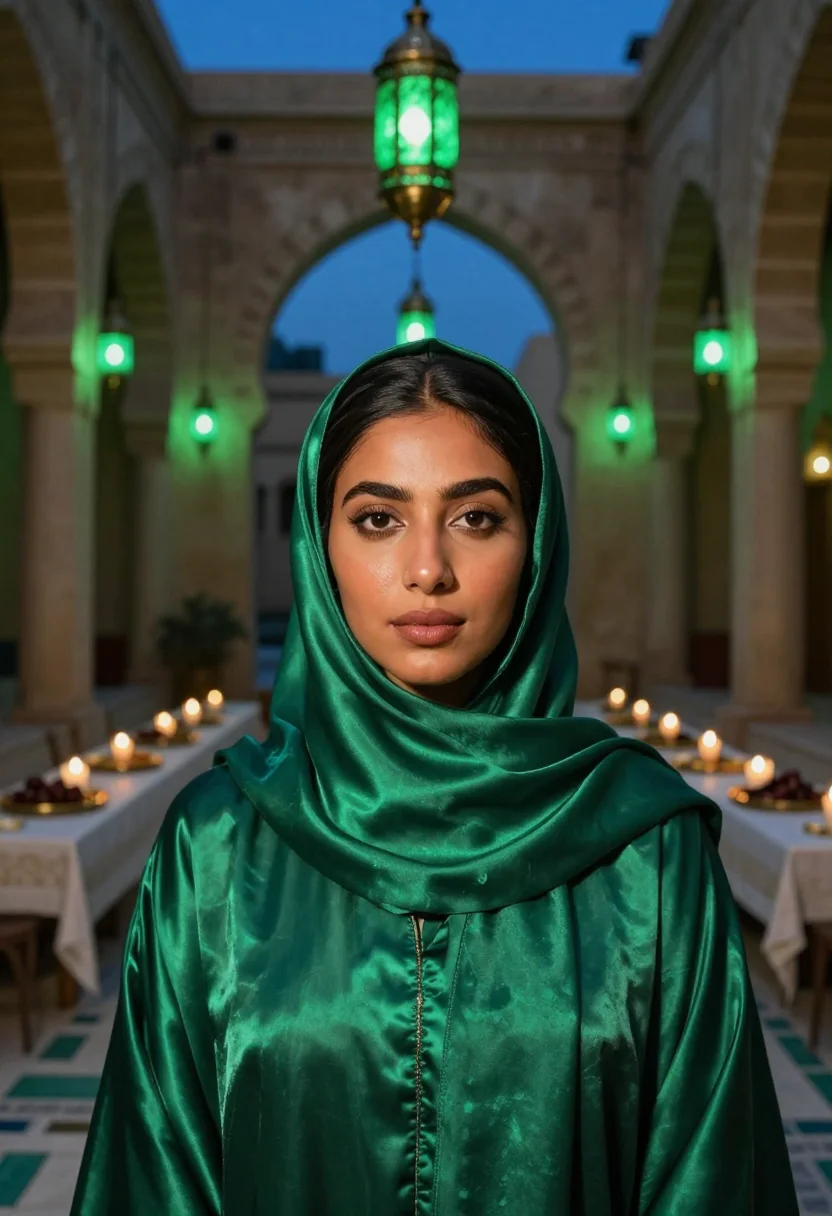 AI ramadan lantern emerald sample — portrait of a woman, framed tight, head and shoulders, the b