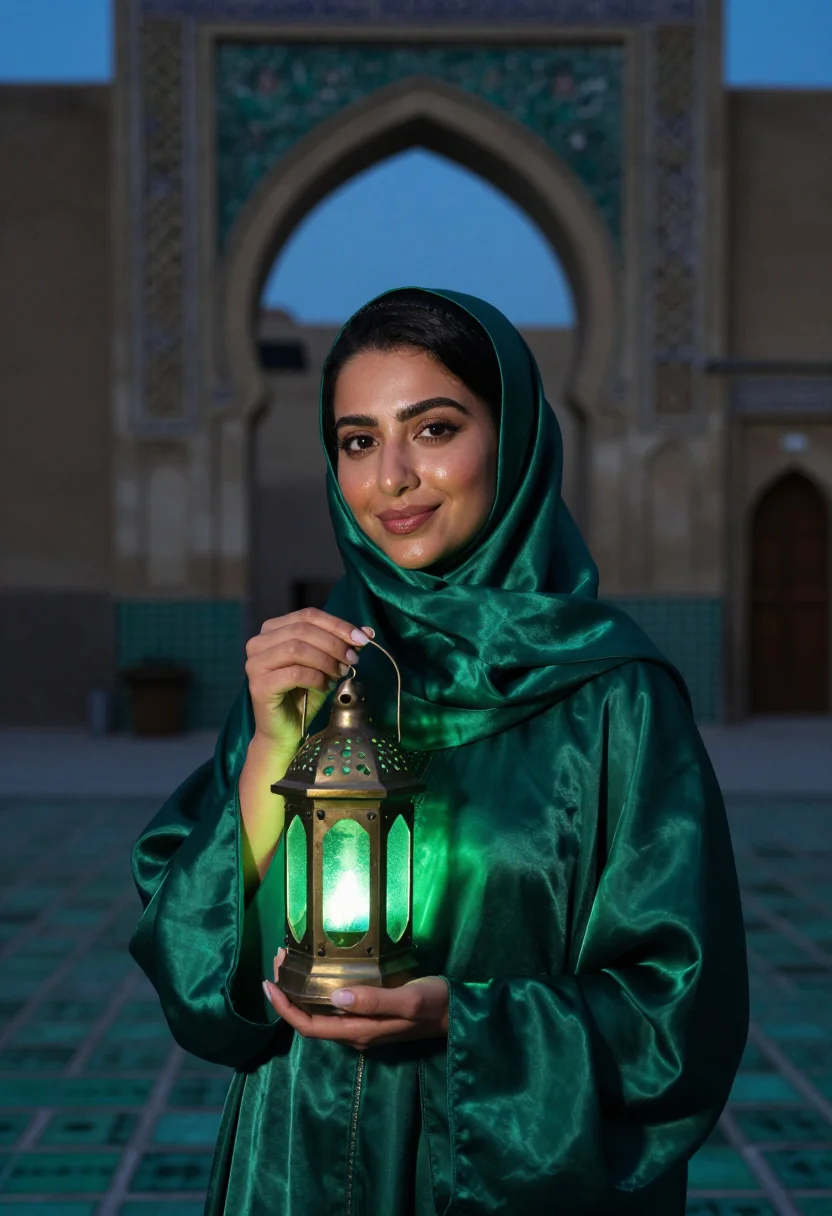 AI ramadan lantern emerald sample — portrait of a woman, framed chest-up, cropped at the ribs, t