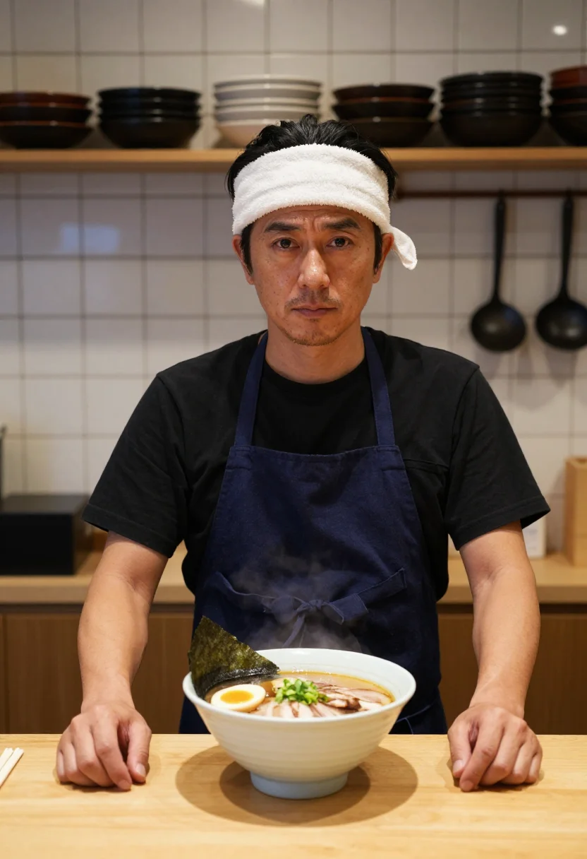 AI ramen counter sample — portrait of a man, chest-up portrait of a Japanese man in hi