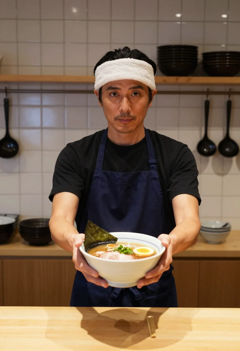 AI ramen counter sample — portrait of a man, half-length portrait of a Japanese man in
