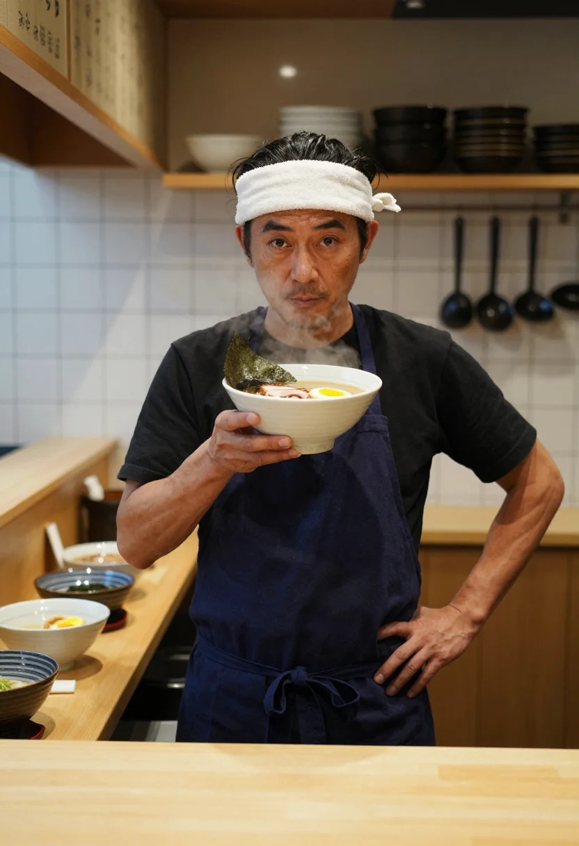 AI ramen counter sample — portrait of a man, three-quarter-length portrait of a Japane