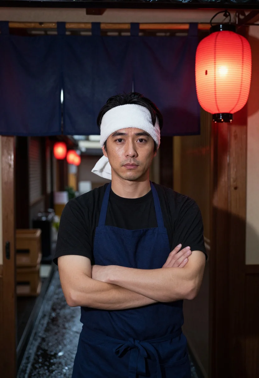 AI ramen counter sample — portrait of a man, chest-up portrait of a Japanese man in hi