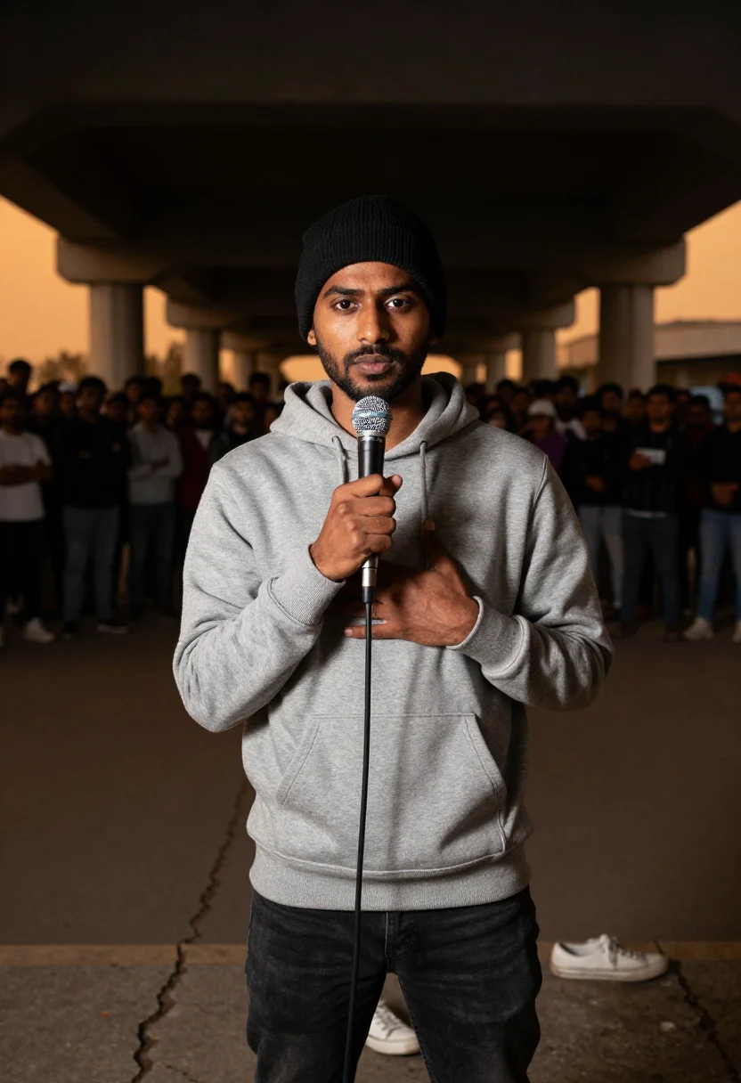AI ranveer gully boy sample — portrait of a man, close half-length portrait of a South-Asi