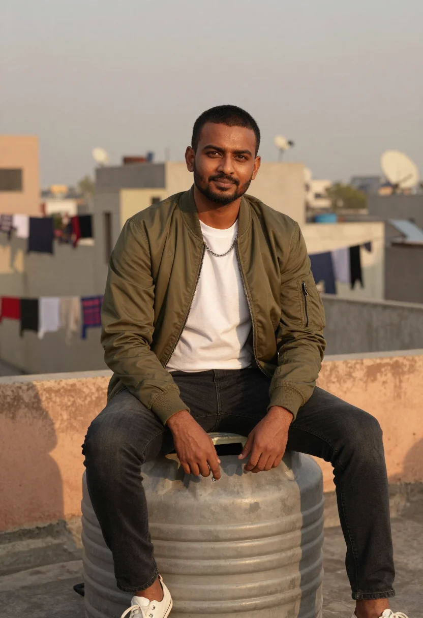 AI ranveer gully boy sample — portrait of a man, close half-length portrait of a South-Asi