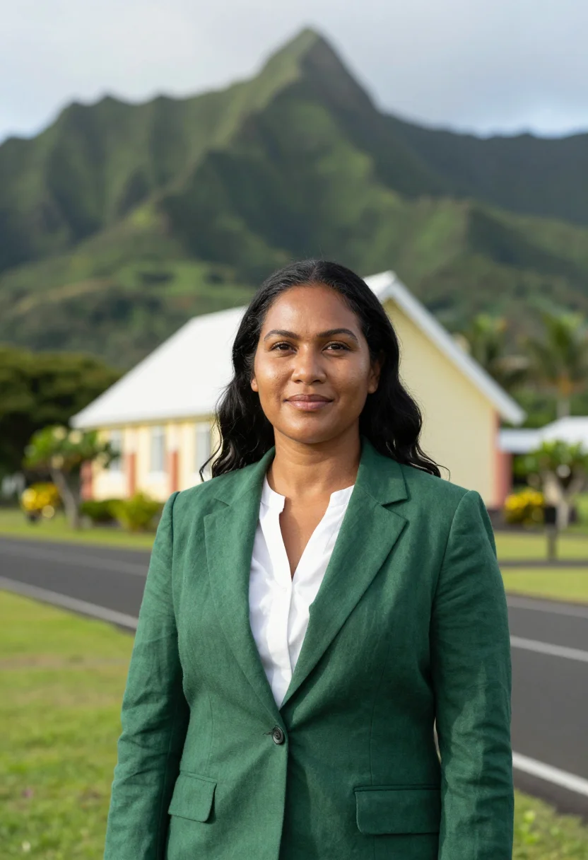 AI rarotonga tourism director frangipani white green sample — portrait of a woman, a tourism director, a Cook Islands Maor