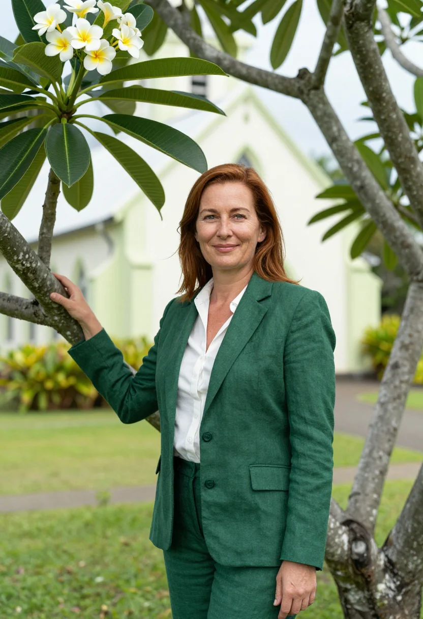 AI rarotonga tourism director frangipani white green sample — portrait of a woman, a tourism director in her late forties