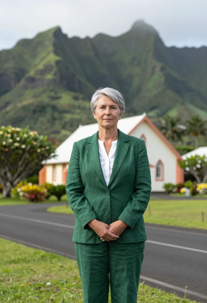 AI rarotonga tourism director frangipani white green sample — portrait of a woman, a tourism director in her mid-fifties w