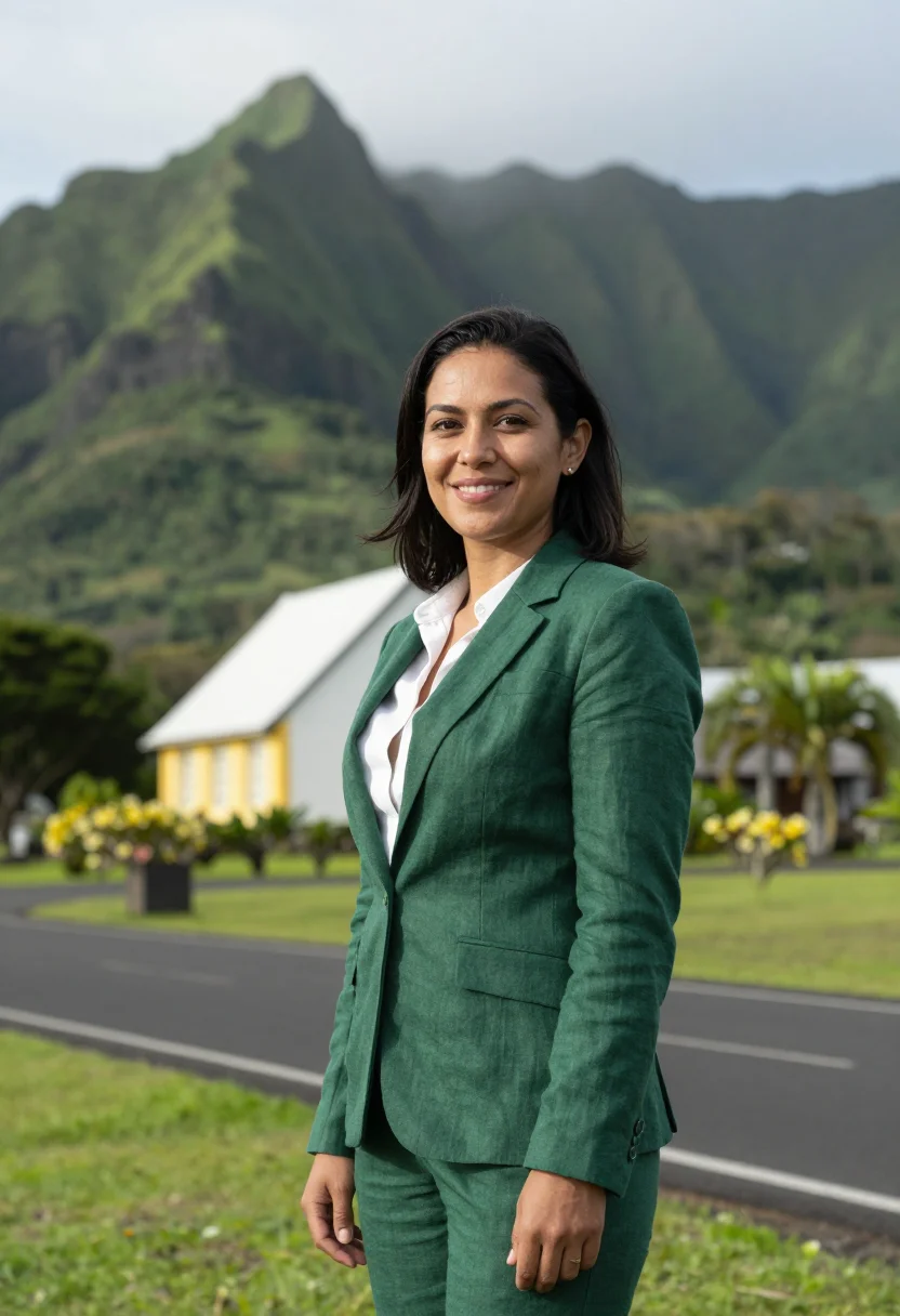 AI rarotonga tourism director frangipani white green sample — portrait of a woman, a tourism director in her early forties