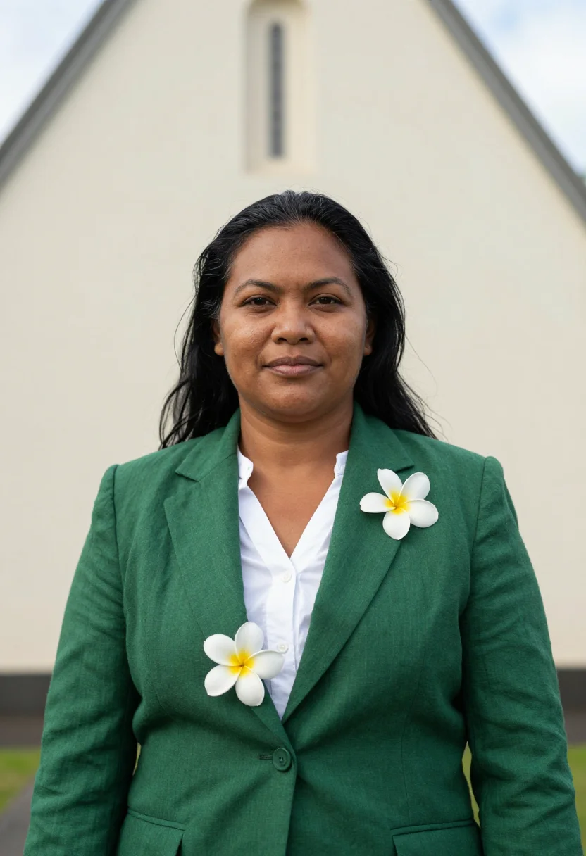 AI rarotonga tourism director frangipani white green sample — portrait of a woman, a tourism director, a Cook Islands Maor