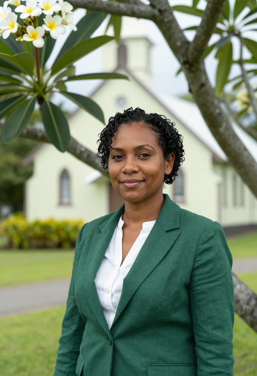 AI rarotonga tourism director frangipani white green sample — portrait of a woman, a tourism director in her mid-thirties