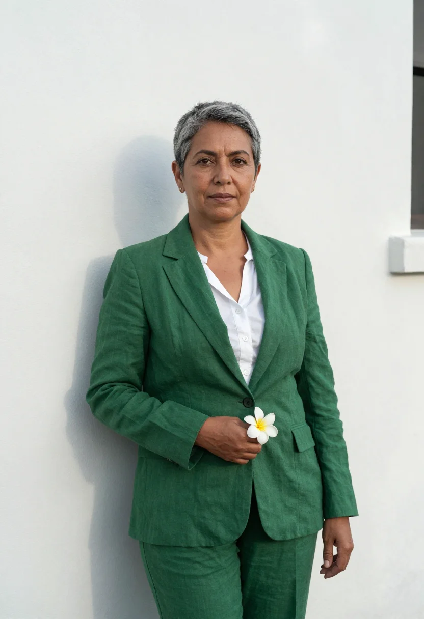 AI rarotonga tourism director frangipani white green sample — portrait of a woman, a tourism director in her early fifties