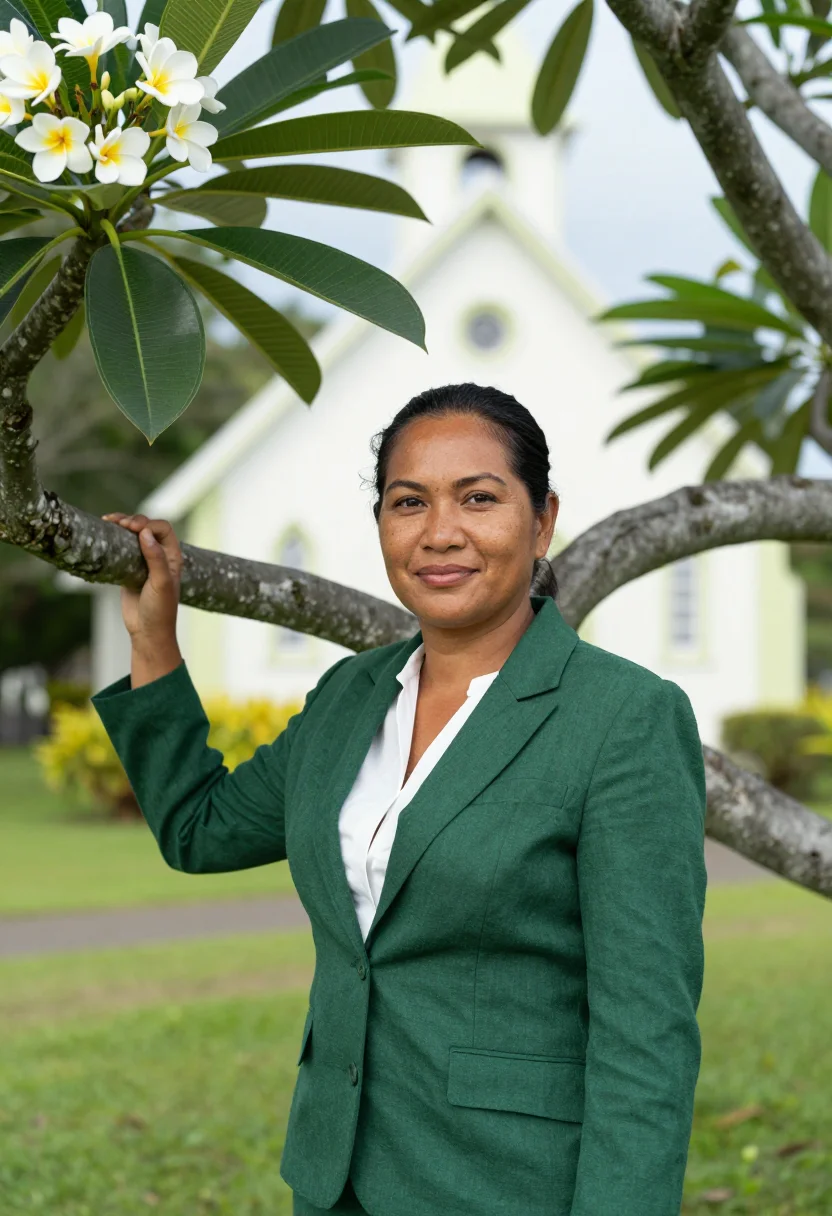 AI rarotonga tourism director frangipani white green sample — portrait of a woman, a tourism director, a Polynesian woman