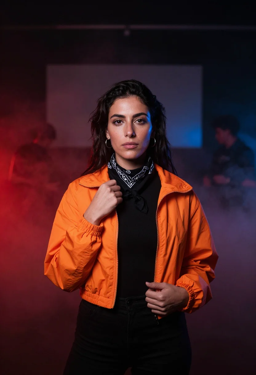 AI rave sample — portrait of a woman, chest-up portrait of a Mediterranean wo