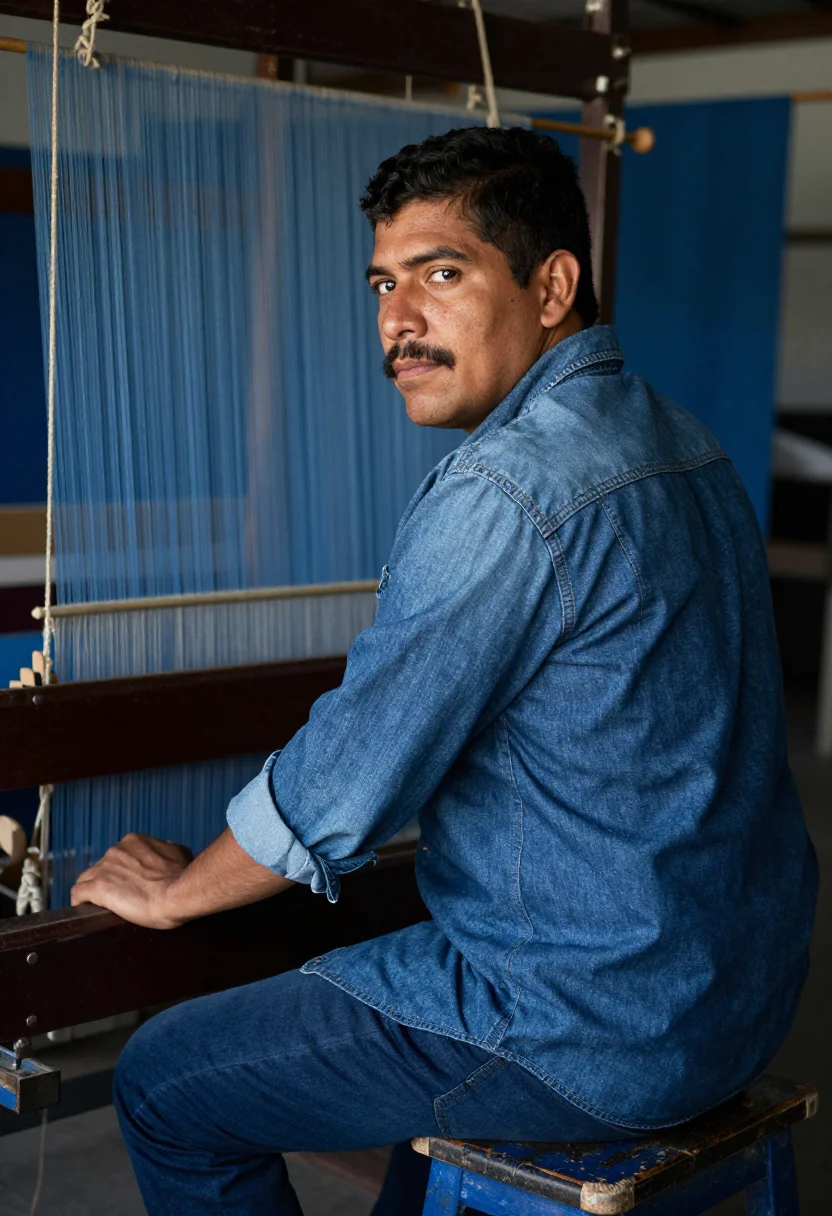AI raw denim indigo sample — portrait of a man, half-length portrait of a Latin-American