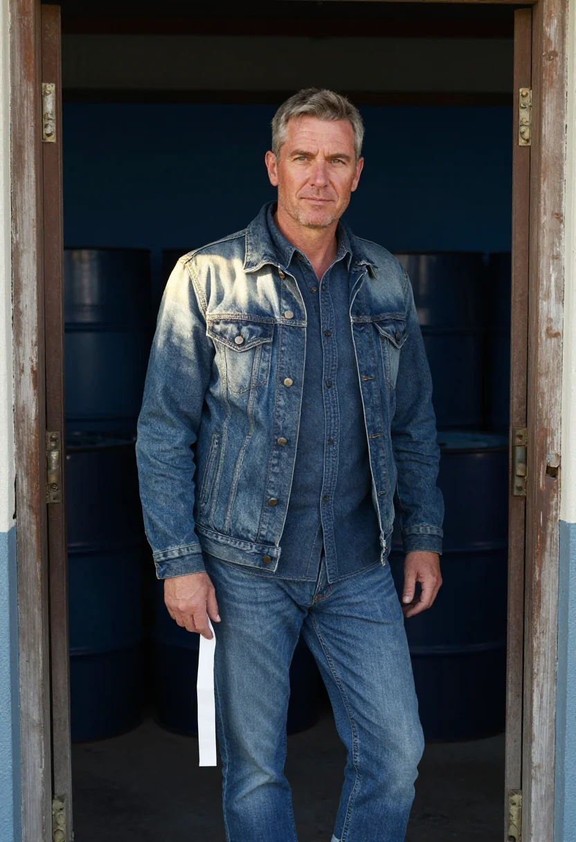 AI raw denim indigo sample — portrait of a man, three-quarter-length portrait of a Wester