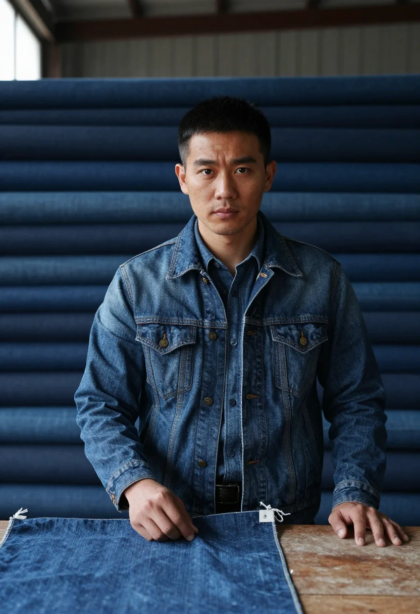 AI raw denim indigo sample — portrait of a man, chest-up portrait of an East-Asian man in