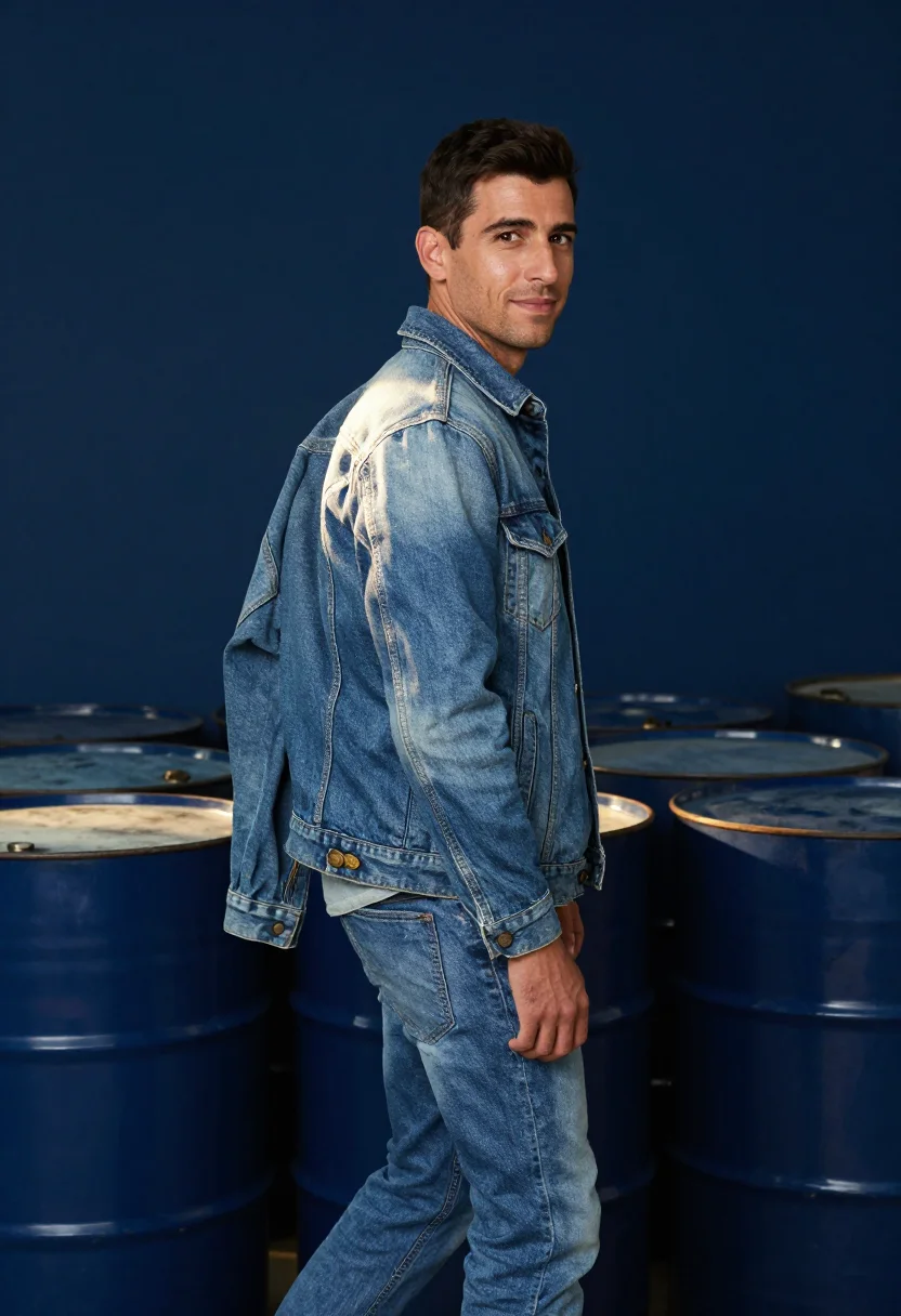 AI raw denim indigo sample — portrait of a man, three-quarter-length portrait of a Wester