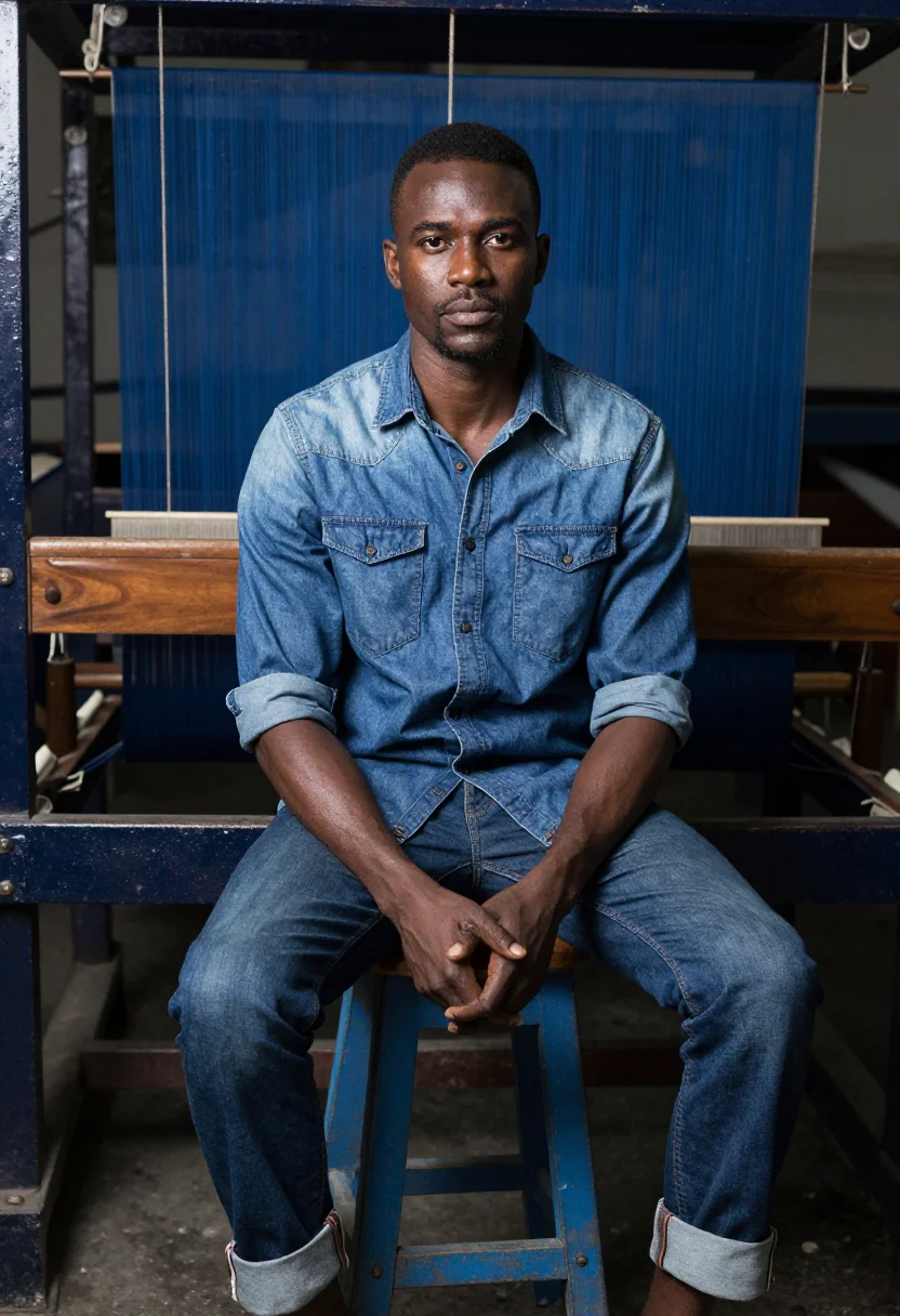 AI raw denim indigo sample — portrait of a man, half-length portrait of a Black man in hi