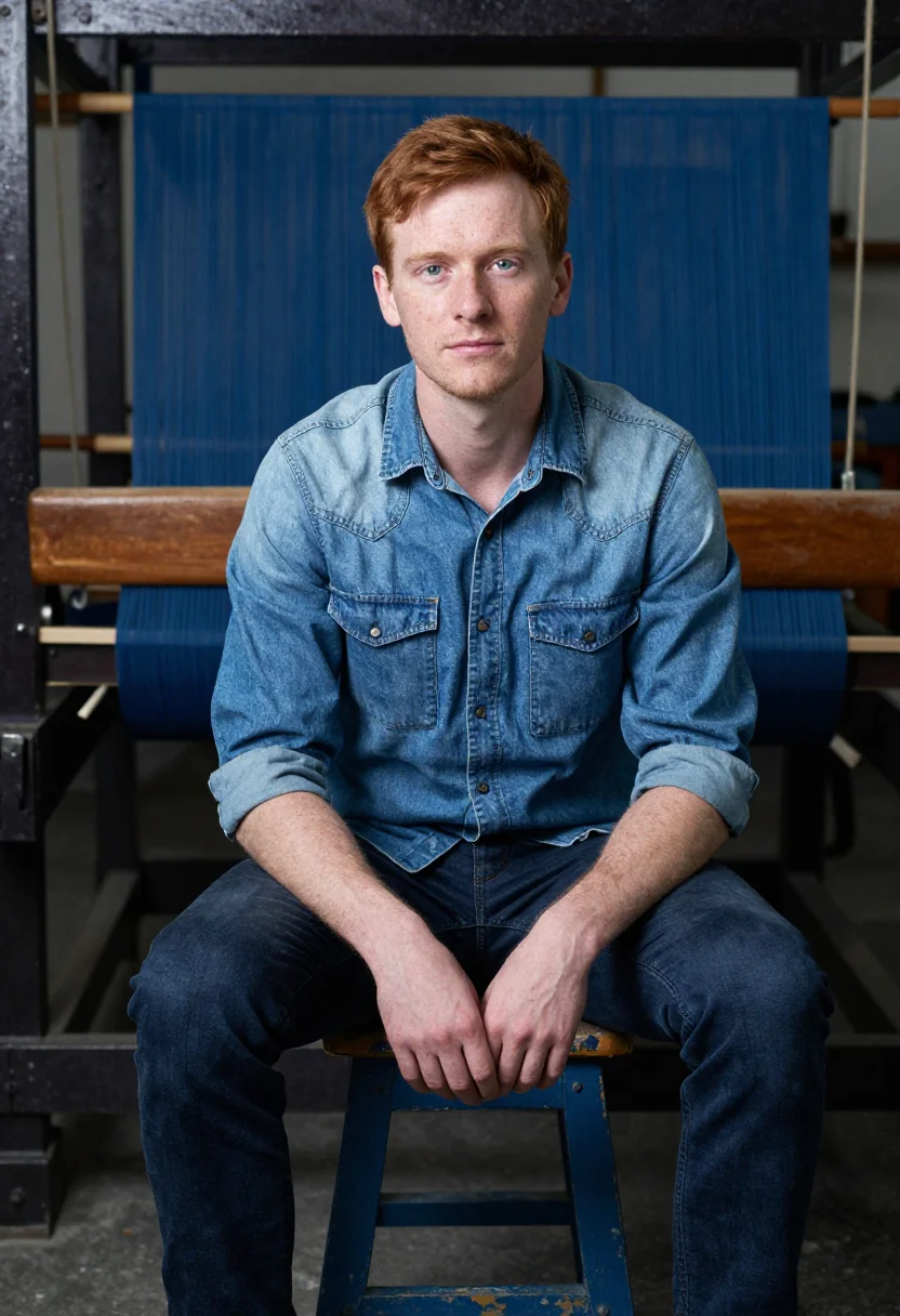 AI raw denim indigo sample — portrait of a man, half-length portrait of a Western-Europea
