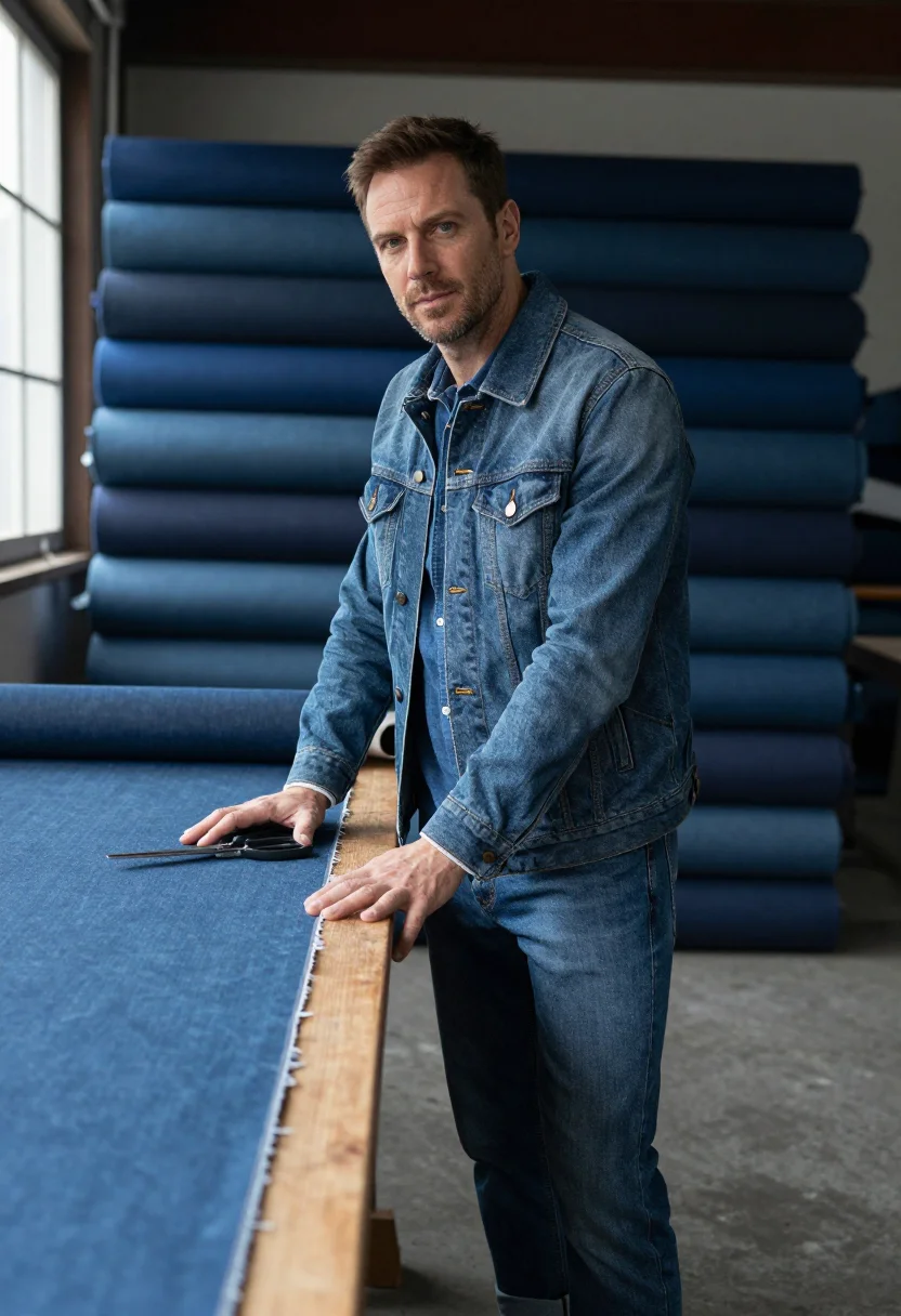 AI raw denim indigo sample — portrait of a man, three-quarter-length portrait of a Wester