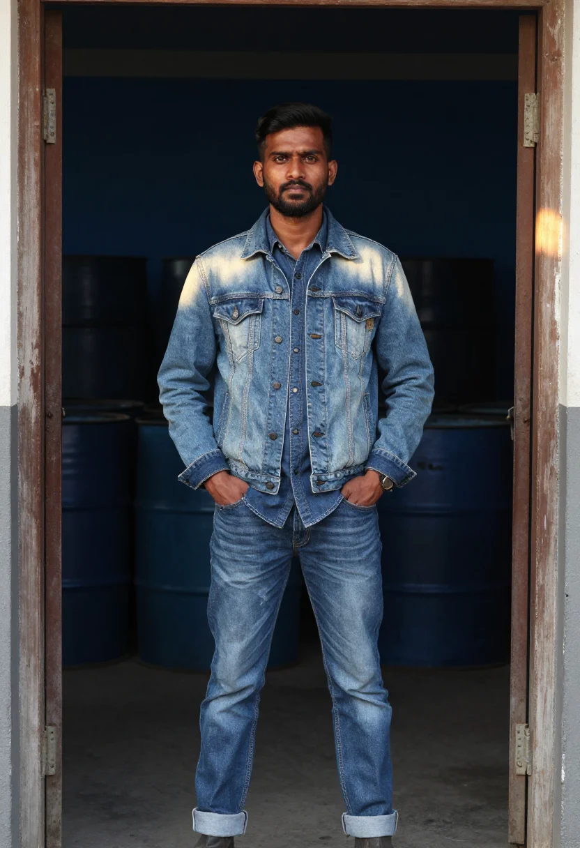 AI raw denim indigo sample — portrait of a man, three-quarter-length portrait of a South-