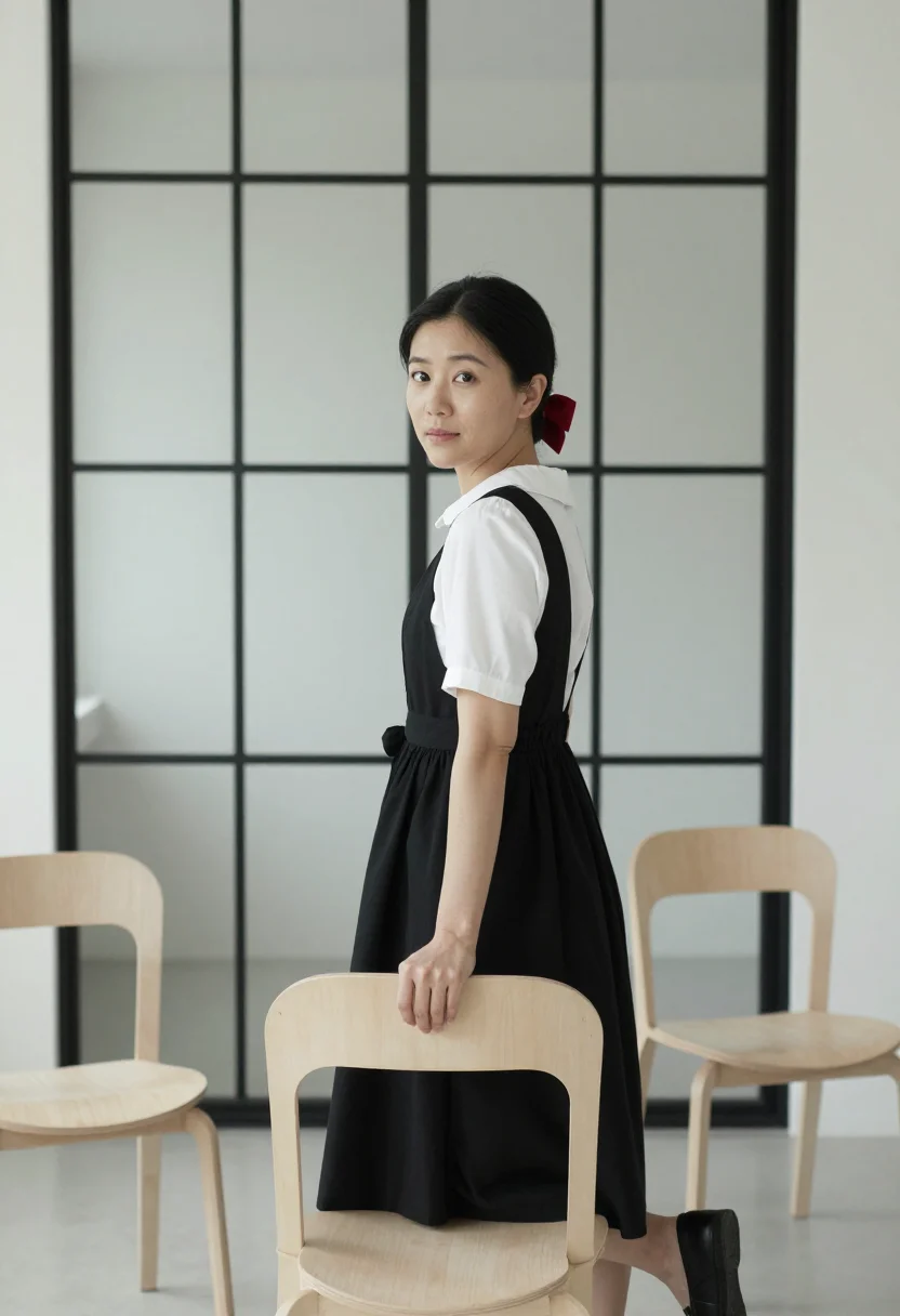 AI ray eames pacific palisades pinafore black sample — portrait of a woman, framed chest-up, cropped at the ribs, t