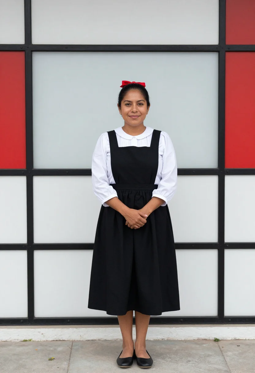 AI ray eames pacific palisades pinafore black sample — portrait of a woman, framed full-length from the bow to the