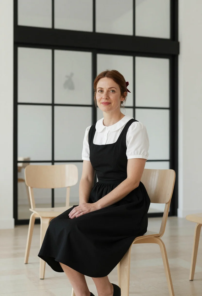 AI ray eames pacific palisades pinafore black sample — portrait of a woman, framed half-length, cropped at the hips