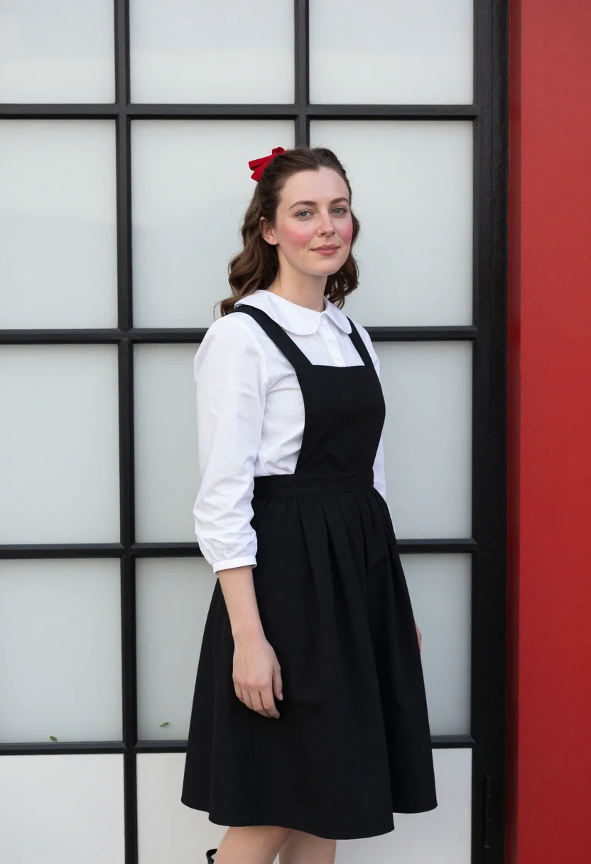 AI ray eames pacific palisades pinafore black sample — portrait of a woman, framed chest-up, cropped at the ribs, t