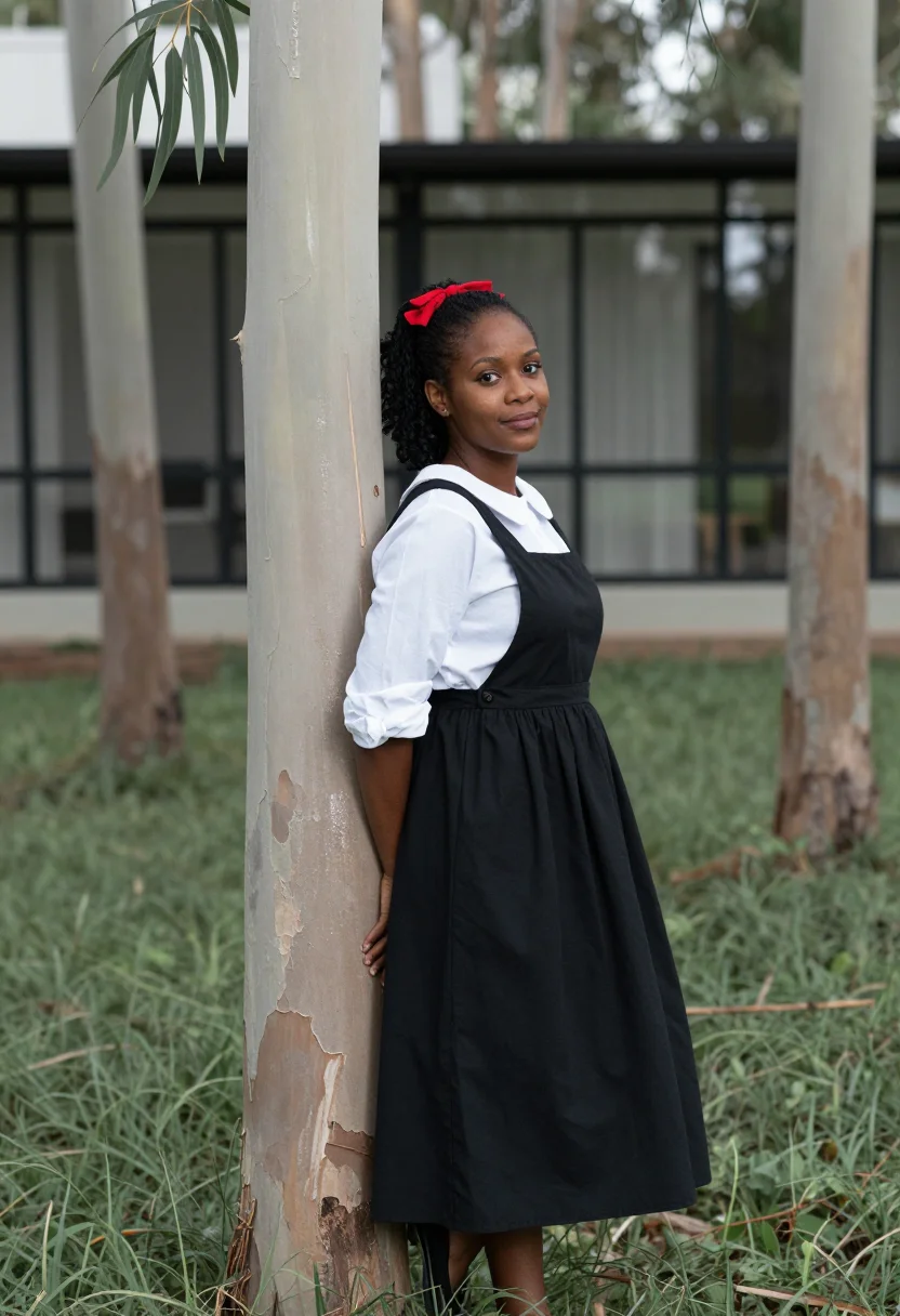AI ray eames pacific palisades pinafore black sample — portrait of a woman, framed chest-up, cropped at the ribs, t