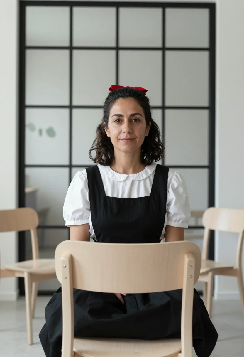 AI ray eames pacific palisades pinafore black sample — portrait of a woman, framed tight, head and shoulders, the b